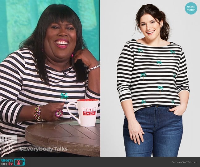 Striped Sequin Palm Trees Boatneck 3/4 Sleeve T-shirt by A New Day at Target worn by Sheryl Underwood on The Talk