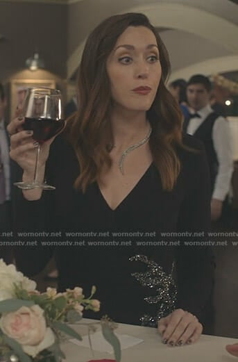 Abigail’s black v-neck embellished gown on Good Witch