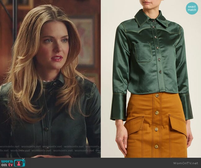 Rebecca Chinz contrast-stitch satin shirt by Acne Studios worn by Sutton (Meghann Fahy) on The Bold Type