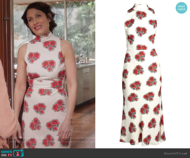 Poppy-print ruffled-back high-neck crepe dress by Alexander McQueen worn by Abby McCarthy (Lisa Edelstein) on Girlfriends Guide to Divorce