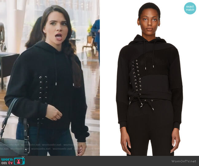 Black Lace Patched Hoodie by Alexander McQueen worn by Jane Sloan (Katie Stevens) on The Bold Type