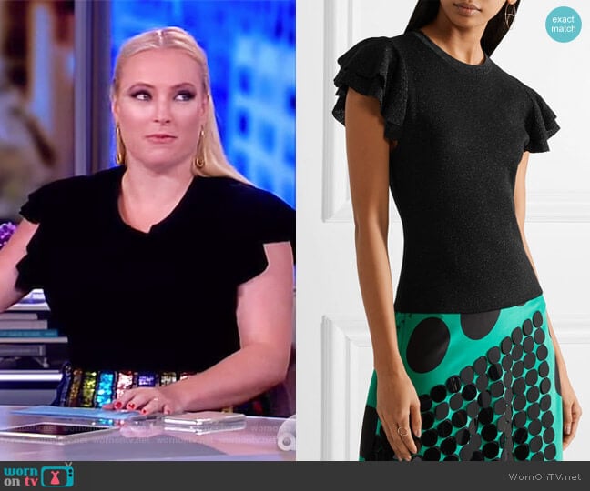 Kenia ruffled metallic wool-blend top by Alice + Olivia worn by Meghan McCain on The View