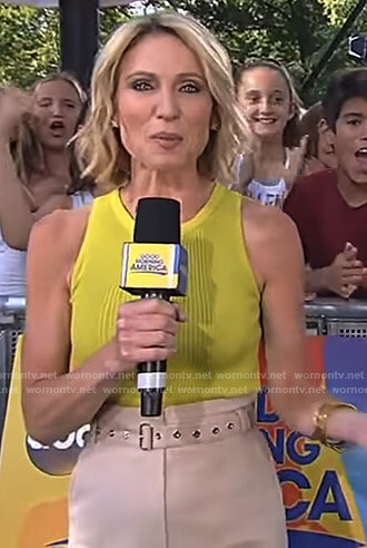 Amy’s yellow tank top and belted skirt on Good Morning America
