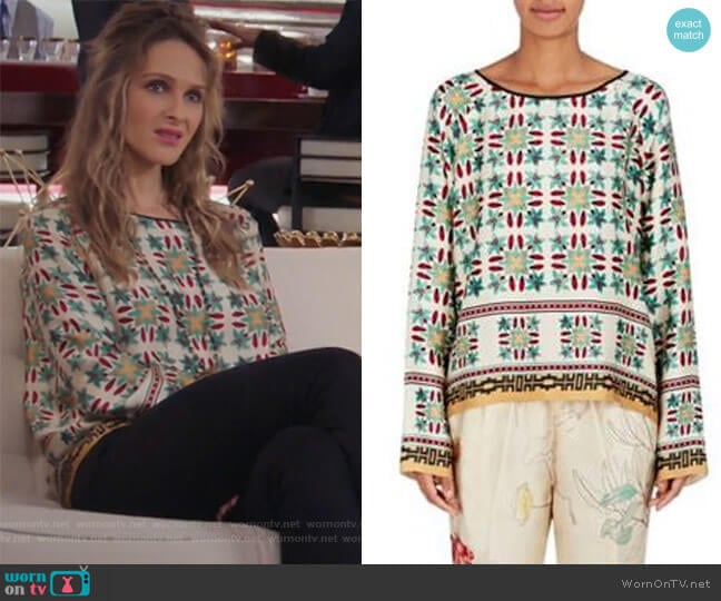 Azulejo Floral Cotton Silk Blouse by Giada Forte  worn by Phoebe Wells (Beau Garrett) on Girlfriends Guide to Divorce