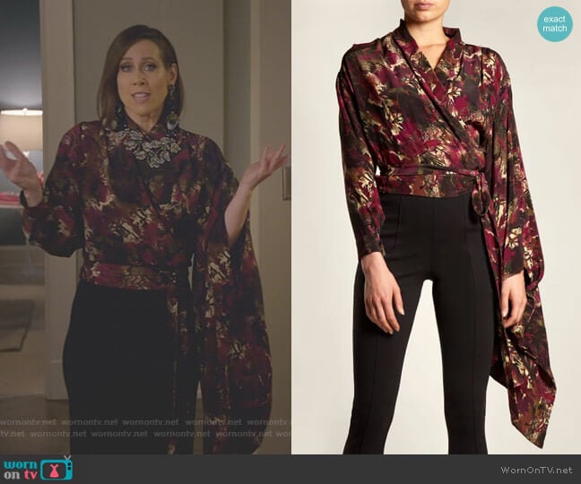 Abstract-Print Crepe de Chine Wrap Top by Balenciaga worn by Diana Trout (Miriam Shor) on Younger