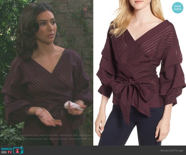 Shadow Stripe Wrap Blouse by Chelsea 28 worn by Gabi Hernandez (Camila Banus) on Days of our Lives