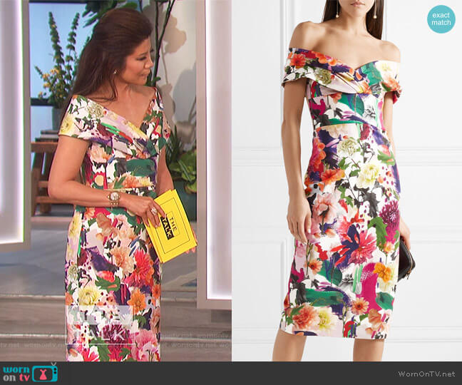 Alba off-the-shoulder floral-print stretch-cady dress by Cushnie Et Ochs worn by Julie Chen on The Talk