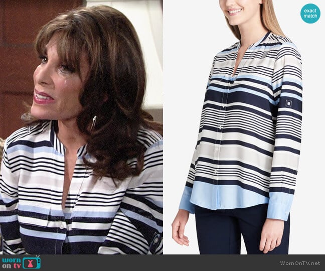 Calvin Klein Striped Y Neck Blouse worn by Esther Valentine (Kate Linder) on The Young and the Restless