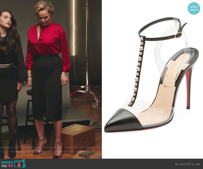 Nosy Spiked T-Strap Red Sole Pump by Christian Louboutin worn by Jacqueline (Melora Hardin) on The Bold Type