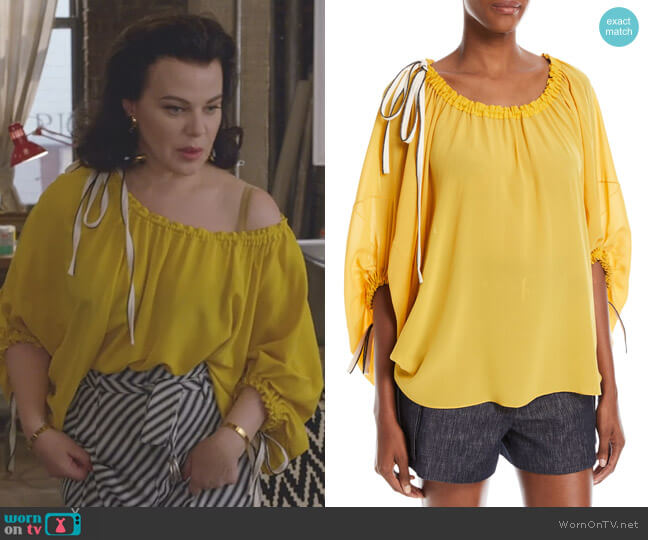 Scoop-Neck Balloon-Sleeve Silk Blouse with Drawstring Detail by Derek Lam worn by Maggie (Debi Mazar) on Younger