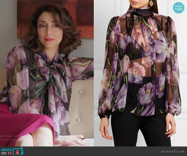 Floral-print silk-chiffon blouse by Dolce & Gabbana worn by Delia (Necar Zadegan) on Girlfriends Guide to Divorce