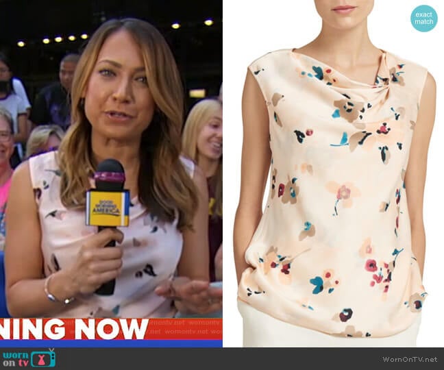 Sleeveless Asymmetric Pleat Neck Top by Donna Karan worn by Ginger Zee on Good Morning America