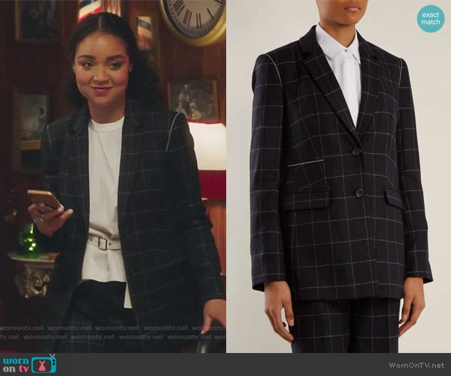 Caprice windowpane-checked wool-blend blazer by Elizabeth and James worn by Kat Edison (Aisha Dee) on The Bold Type