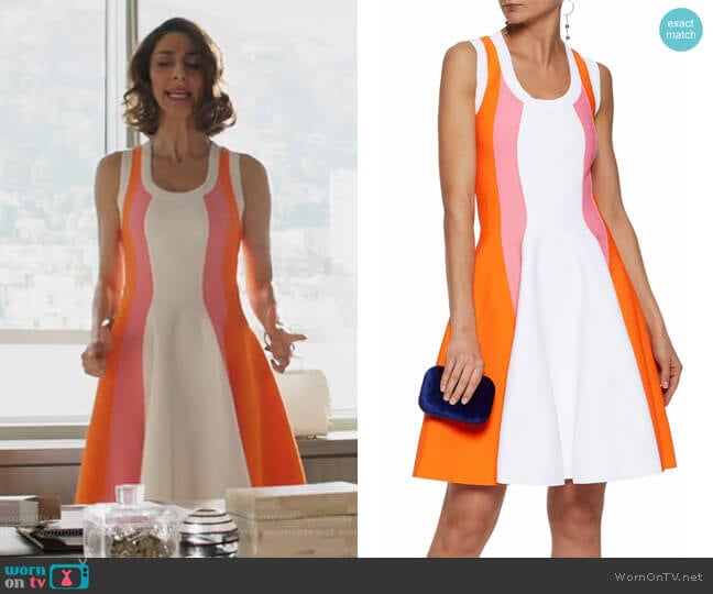 Paneled crepe mini dress by Emilio Pucci worn by Delia (Necar Zadegan) on Girlfriends Guide to Divorce