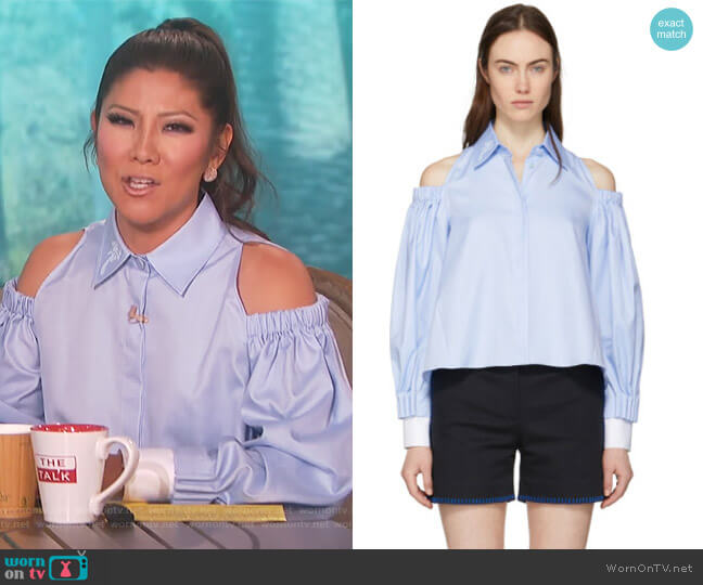 Blue Open Shoulder Palm Shirt by Fendi worn by Julie Chen on The Talk