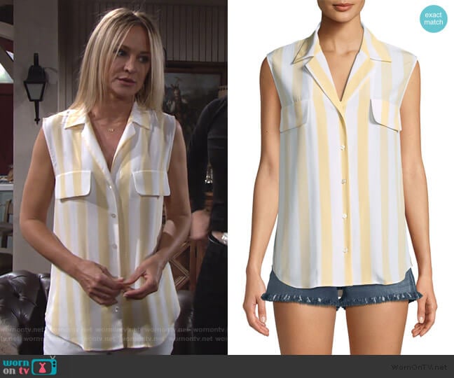 Frame True Striped Sleeveless Silk Shirt worn by Sharon Newman (Sharon Case) on The Young and the Restless