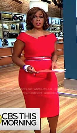 Gayle’s red asymmetric neckline dress on CBS Mornings