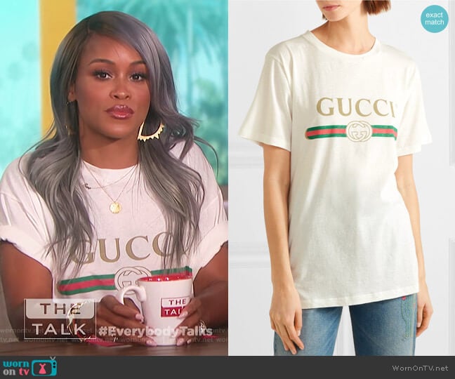 Appliquéd distressed printed cotton-jersey T-shirt by Gucci worn by Eve on The Talk