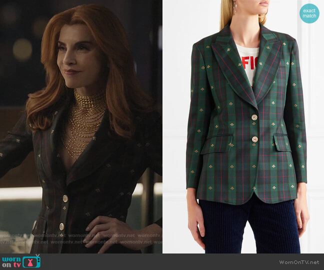 Embroidered checked wool blazer by Gucci worn by Kitty Montgomery (Julianna Margulies) on Dietland