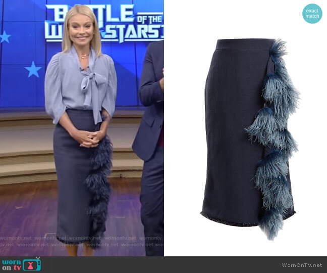 High-Rise Feather-Embellished Midi Skirt by Johanna Ortiz worn by Kelly Ripa on Live with Kelly and Mark