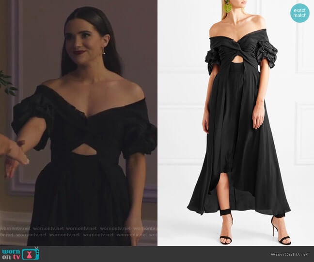 Maria Felix off-the-shoulder silk midi dress by Johanna Ortiz worn by Jane Sloan (Katie Stevens) on The Bold Type