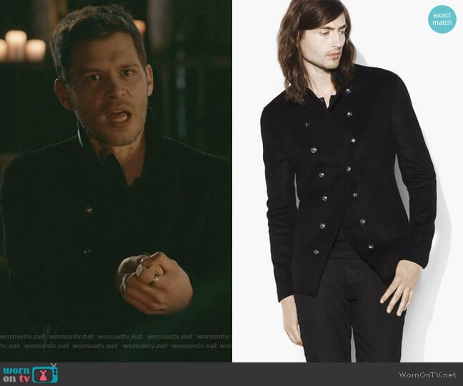 Double Breasted Leather Trimmed Jacket by John Varvatos worn by Klaus Mikaelson (Joseph Morgan) on The Originals