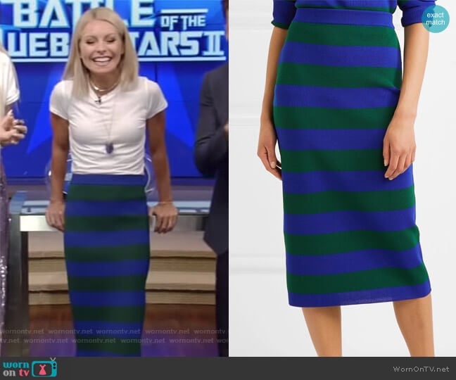 Green & Blue Striped Milano Skirt by Joseph worn by Kelly Ripa on Live with Kelly and Mark