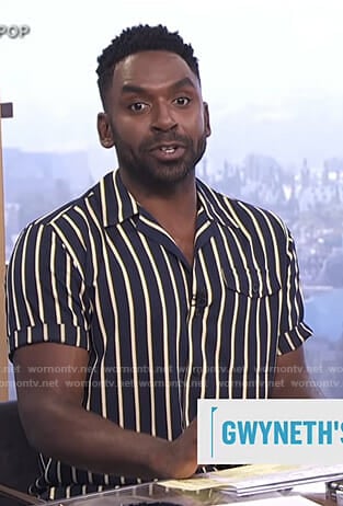 Justin’s navy and yellow striped shirt on E! News Daily Pop