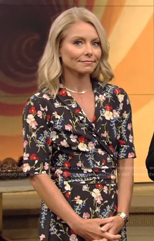 Kelly's black floral wrap dress on Live with Kelly and Ryan