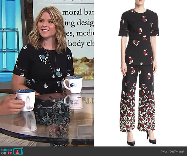 Seamed Peplum Ladder-Stitch Top and Floral Pants by Lela Rose worn by Jenna Bush Hager on Today