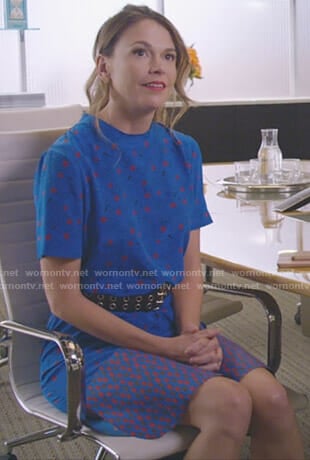 Liza’s blue mixed print dress on Younger