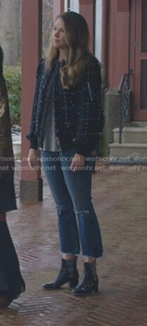 Liza’s navy tweed bomber jacket on Younger