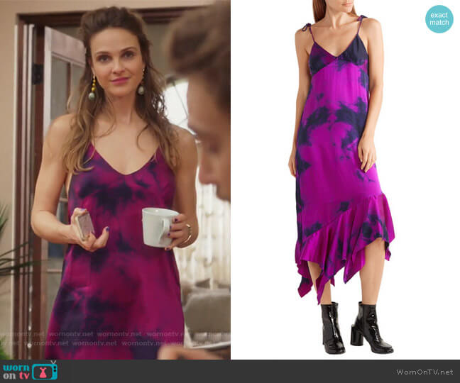 Tie-dyed asymmetric silk-satin dress by Marques' Almeida worn by Phoebe Wells (Beau Garrett) on Girlfriends Guide to Divorce