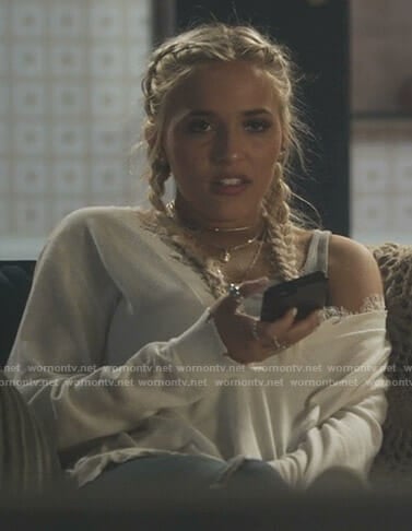 Maddie’s white lace trimmed sweater on Nashville