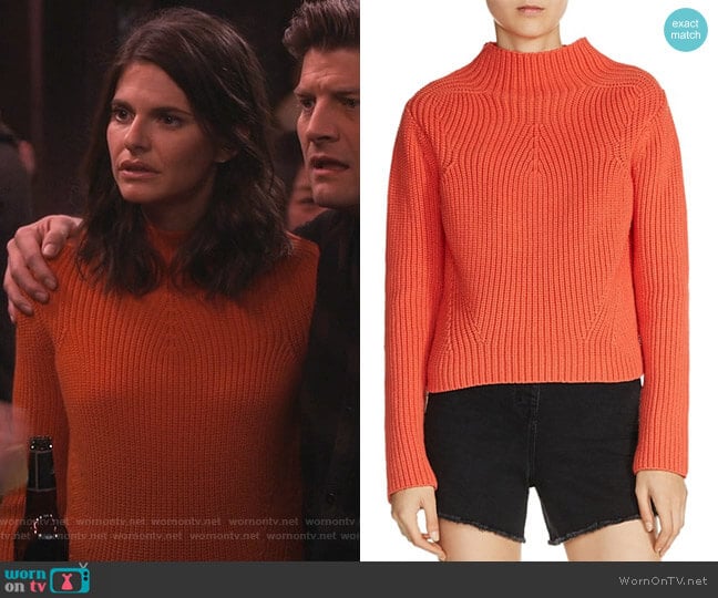 Metal Mock Neck Sweater by Maje worn by Leslie Curry (Lindsey Kraft) on Living Biblically