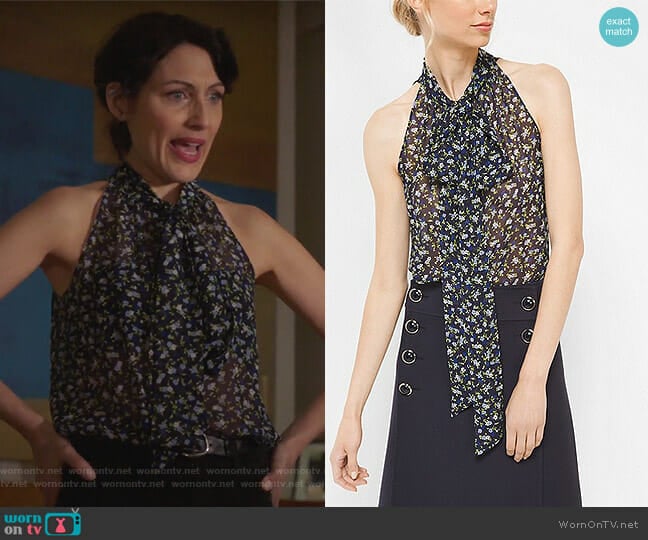 Floral Silk-Georgette Sleeveless Bow Blouse by Michael Kors worn by Abby McCarthy (Lisa Edelstein) on Girlfriends Guide to Divorce