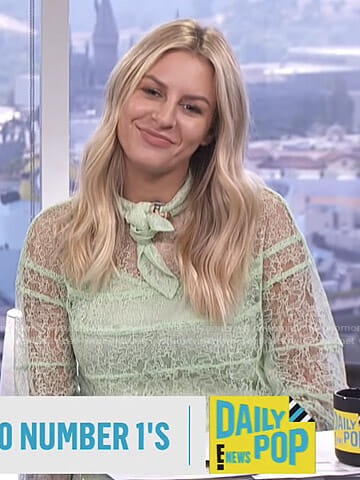 Morgan’s green tie neck lace top on E! News Daily Pop