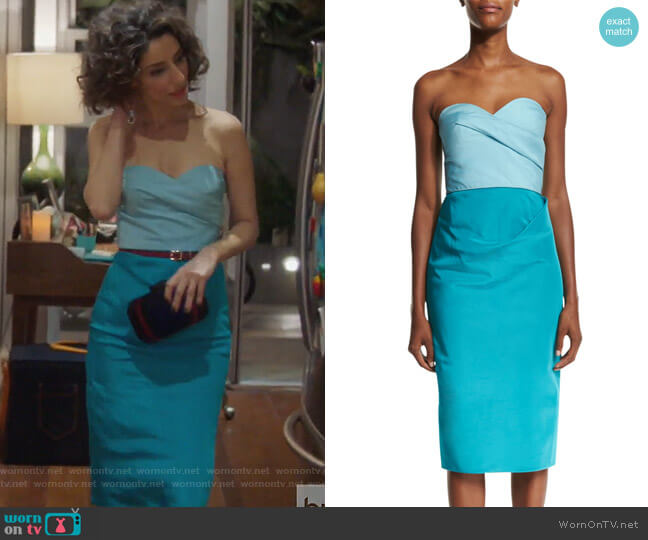 Colorblock Strapless Sweetheart-Neck Midi Dress by Oscar de la Renta worn by Delia (Necar Zadegan) on Girlfriends Guide to Divorce