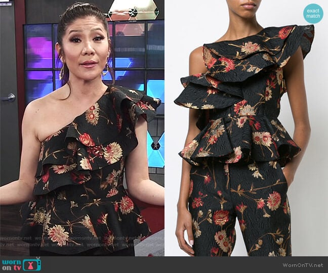 floral one shoulder ruffled top by Prabal Gurung worn by Julie Chen on Big Brother