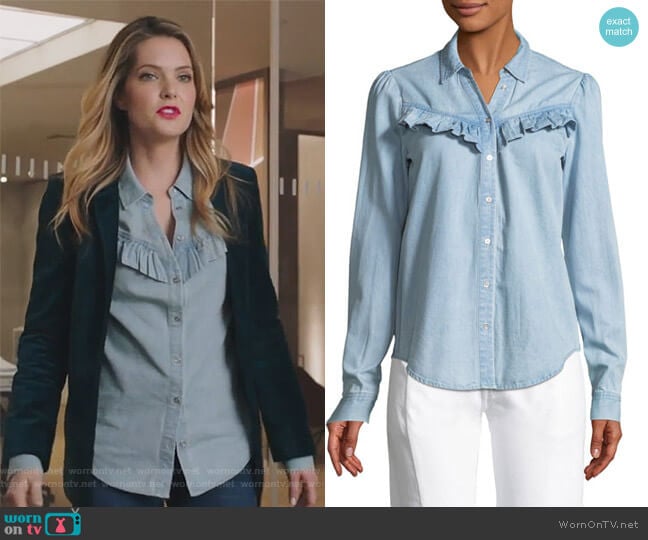 Layda Snap-Front Chambray Shirt w/ Ruffled Trim by Paige worn by Sutton (Meghann Fahy) on The Bold Type