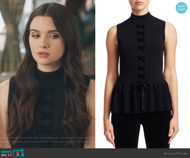 Sleeveless Lace-Up Peplum Sweater by Scripted worn by Jane Sloan (Katie Stevens) on The Bold Type