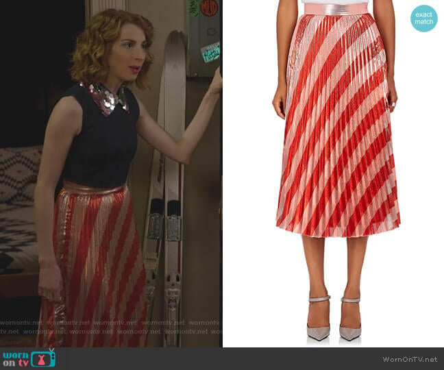 Pleated Striped Lame Midi-Skirt by Off-White c/o Virgil Abloh worn by Lauren (Molly Bernard) on Younger