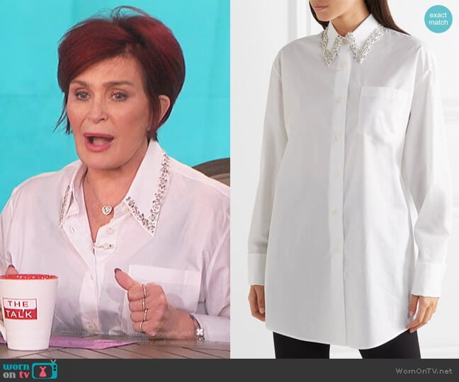 Oversized crystal-embellished cotton-poplin shirt by Prada worn by Sharon Osbourne on The Talk