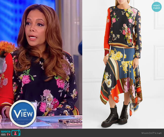 Kara asymmetric printed crepe de chine midi dress by Preen Line worn by Sunny Hostin on The View