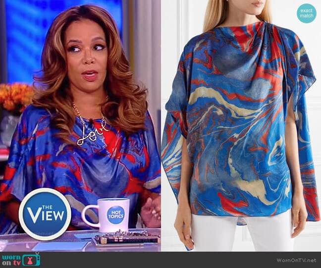 Cape-effect marbled crepe de chine top by Rosie Assoulin worn by Sunny Hostin on The View