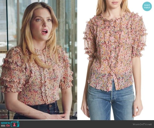 Margo Ruffle Floral Top by Rebecca Taylor worn by Sutton (Meghann Fahy) on The Bold Type