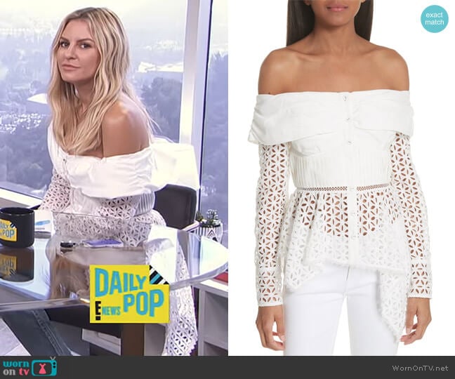 Broderie Anglaise Off the Shoulder Top by Self Portrait worn by Morgan Stewart on E! News