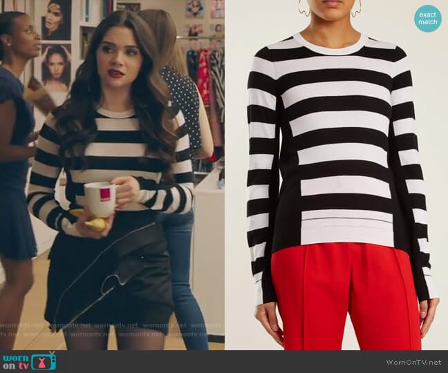 Wide-striped wool-knit sweater by Sonia Rykiel worn by Jane Sloan (Katie Stevens) on The Bold Type