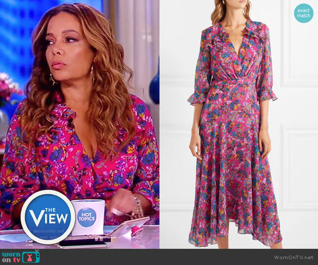 Edith ruffled floral-print silk-chiffon midi dress by Saloni worn by Sunny Hostin on The View