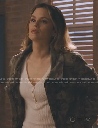 Sam's white henley top and camo jacket on Take Two